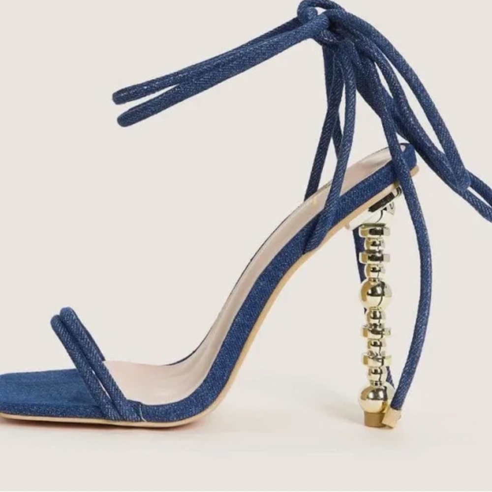 Denim blue  Strappy Heels with Gold sculptured heel. NWOT. Size 38